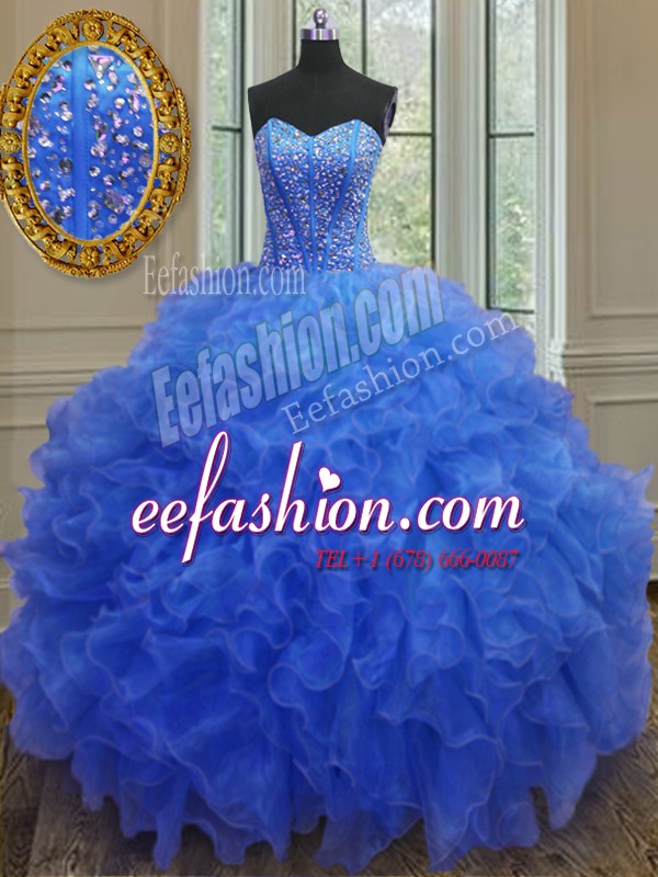 Delicate Floor Length Lace Up Sweet 16 Dresses Blue for Military Ball and Sweet 16 and Quinceanera with Beading and Ruffles