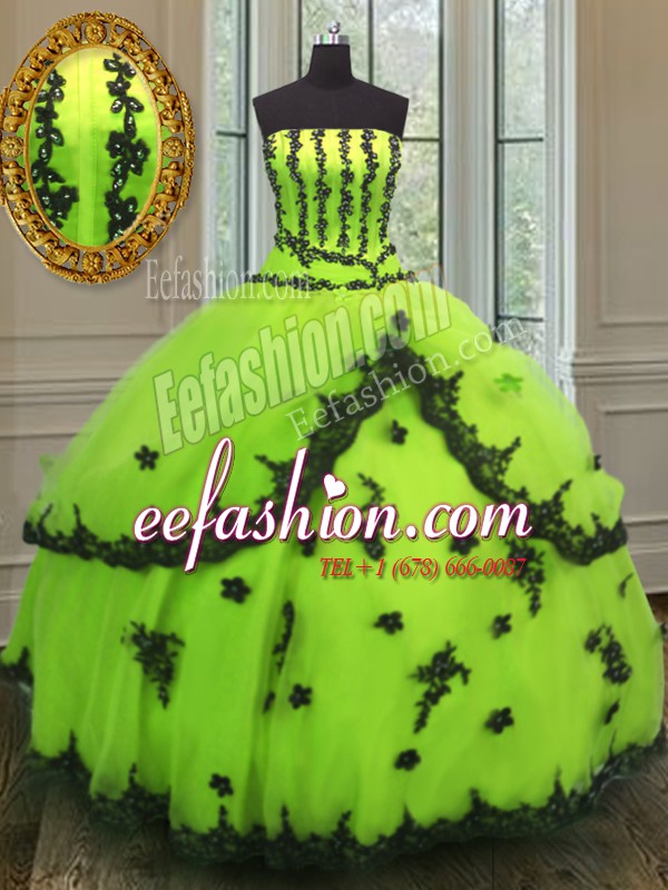  Sleeveless Floor Length Appliques Lace Up 15 Quinceanera Dress with Yellow Green
