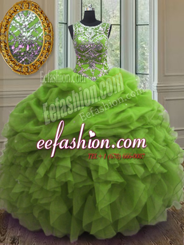 Fantastic Scoop Sleeveless Organza Floor Length Lace Up Quinceanera Dresses in with Beading and Ruffles and Pick Ups