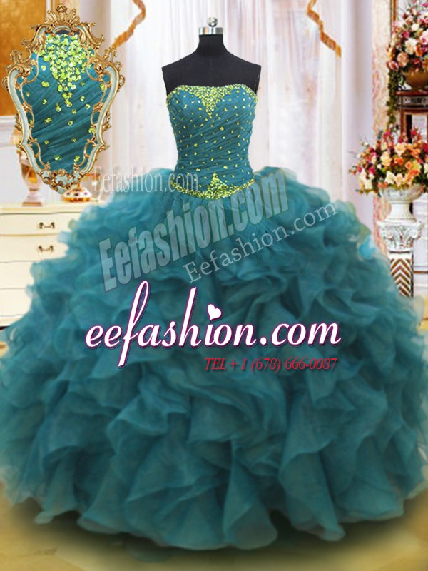 Cute Teal Ball Gowns Organza Strapless Sleeveless Beading and Ruffles Floor Length Lace Up 15th Birthday Dress