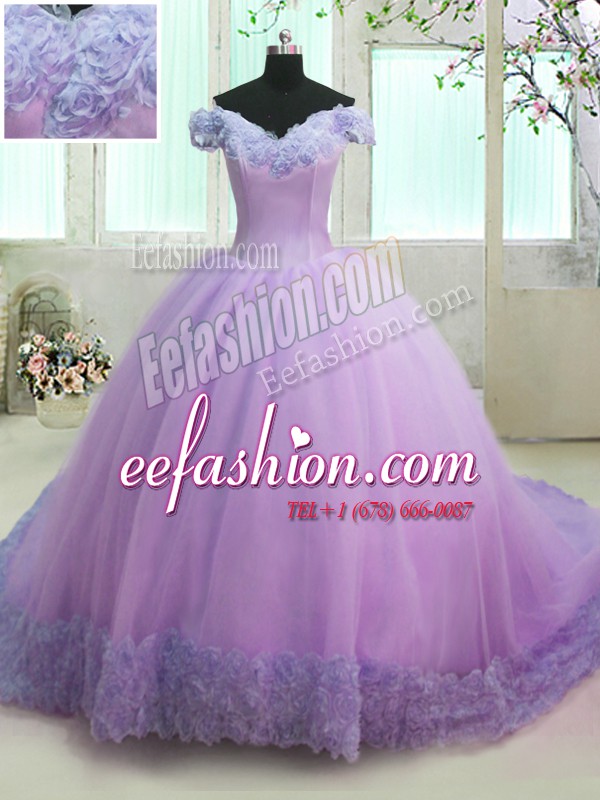 Custom Design Off the Shoulder Lilac Organza Lace Up 15th Birthday Dress Short Sleeves With Train Court Train Hand Made Flower