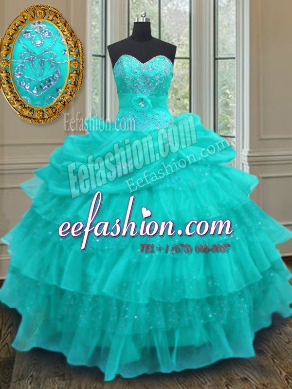  Aqua Blue Lace Up Sweet 16 Dress Beading and Ruffled Layers and Pick Ups Sleeveless Floor Length