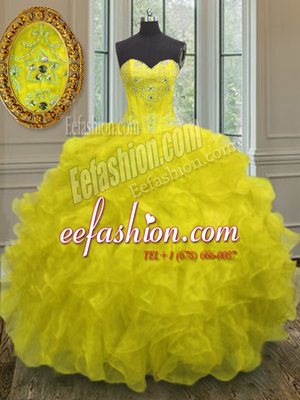 Suitable Sweetheart Sleeveless Vestidos de Quinceanera Floor Length Beading and Embroidery and Ruffles Yellow Organza