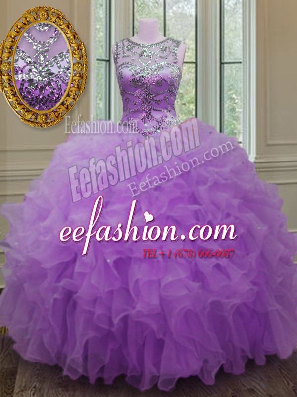 Scoop Lilac Sleeveless Beading and Ruffles Floor Length Quinceanera Gowns