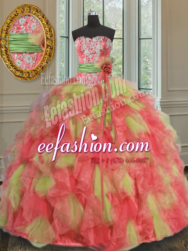  Multi-color Sleeveless Floor Length Beading and Ruffles and Sashes ribbons Lace Up 15 Quinceanera Dress