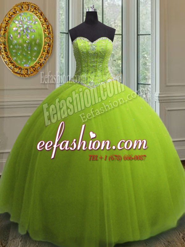  Sequins Floor Length Ball Gowns Sleeveless Yellow Green Quinceanera Gown Lace Up