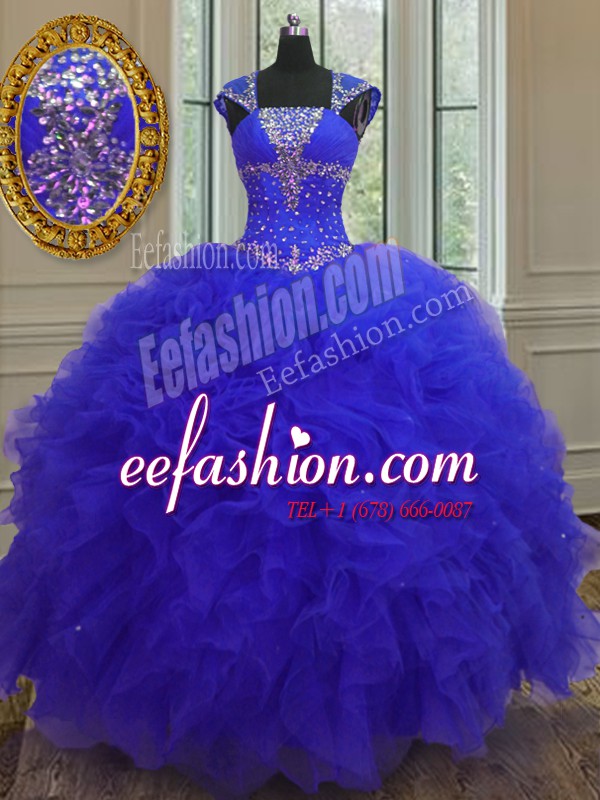 Dynamic Blue Straps Lace Up Beading and Ruffles and Sequins 15th Birthday Dress Cap Sleeves