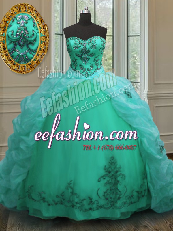 Exceptional Sleeveless Court Train Beading and Appliques and Pick Ups Lace Up Quinceanera Gowns