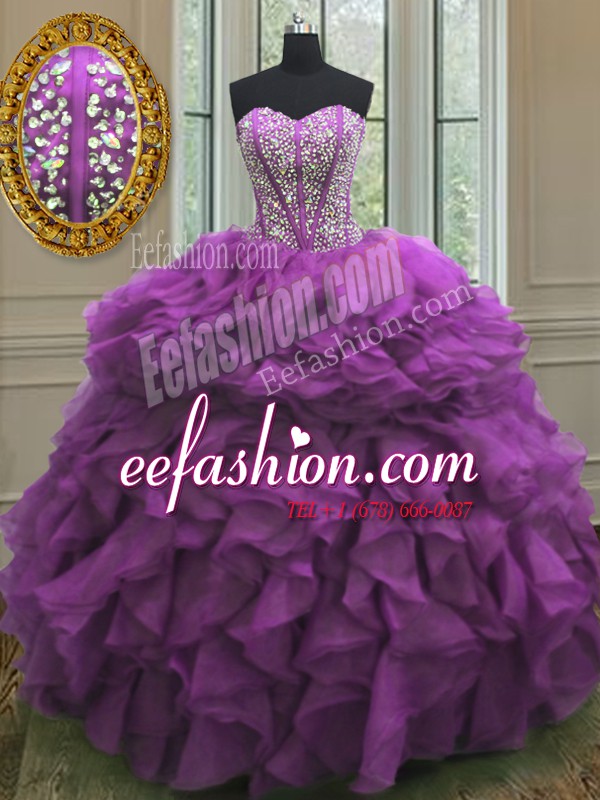  Purple Lace Up Sweetheart Beading and Ruffles Quinceanera Dress Organza Sleeveless