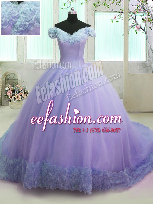Off the Shoulder Hand Made Flower 15th Birthday Dress Lavender Lace Up Short Sleeves With Train Court Train