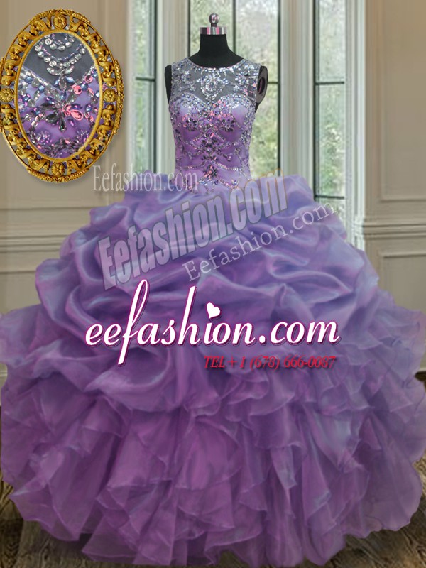 Cheap Scoop Lavender Ball Gowns Beading and Ruffles and Pick Ups Quinceanera Dress Lace Up Organza Sleeveless Floor Length