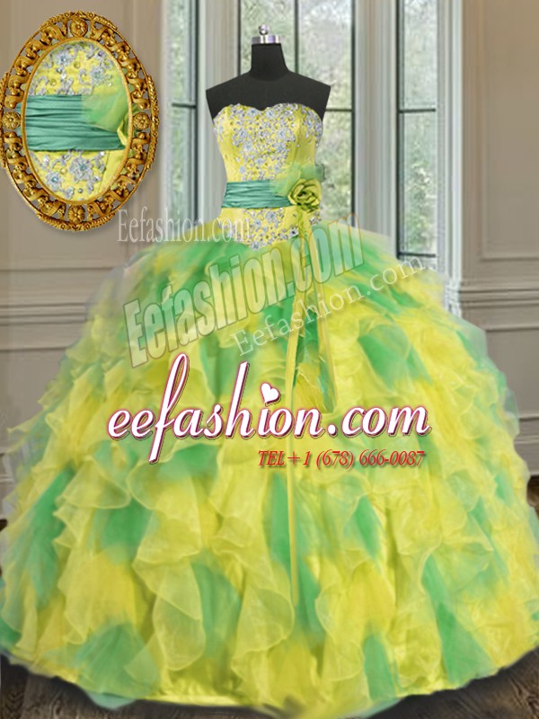  Halter Top Multi-color Lace Up Vestidos de Quinceanera Beading and Appliques and Ruffles and Sashes ribbons and Hand Made Flower Sleeveless Floor Length