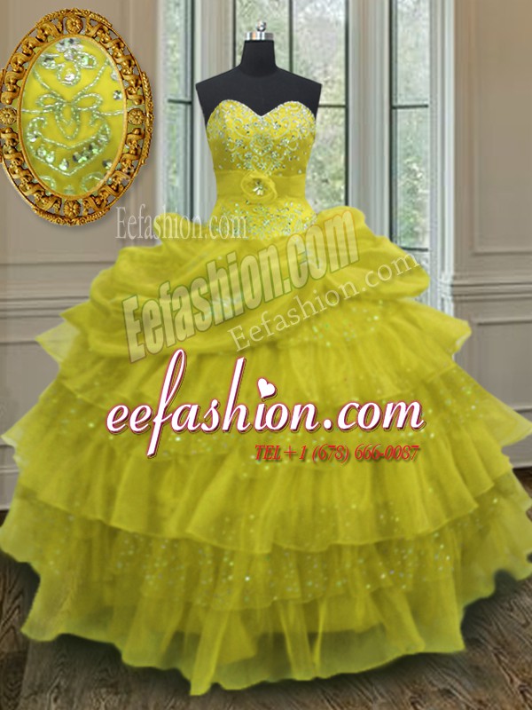 Decent Yellow Organza Lace Up Ball Gown Prom Dress Sleeveless Floor Length Beading and Ruffled Layers and Pick Ups