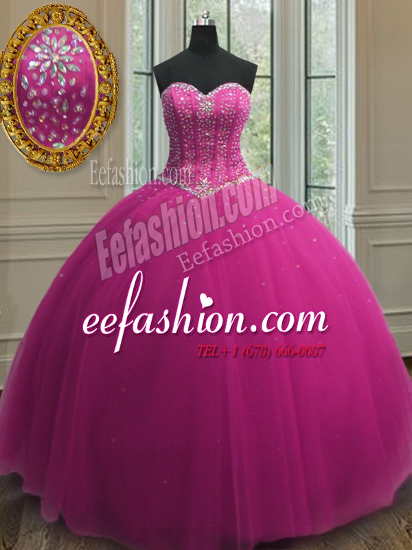 Spectacular Fuchsia Ball Gowns Sweetheart Sleeveless Tulle Floor Length Lace Up Beading and Sequins 15th Birthday Dress
