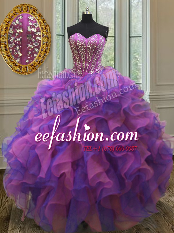  Organza Sweetheart Sleeveless Lace Up Beading and Ruffles Quinceanera Dress in Multi-color