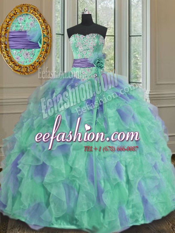 Multi-color Lace Up Beading and Appliques and Ruffles and Sashes ribbons and Hand Made Flower Quinceanera Dresses Organza Sleeveless