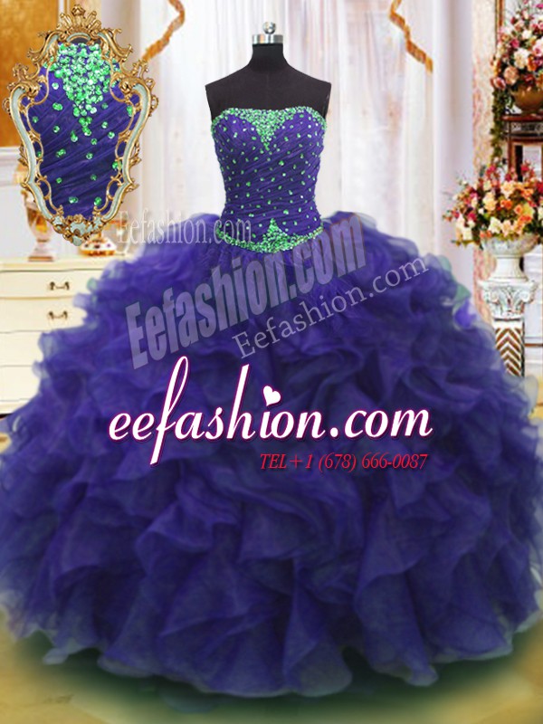  Strapless Sleeveless Sweet 16 Dresses Floor Length Beading and Ruffles Purple Organza