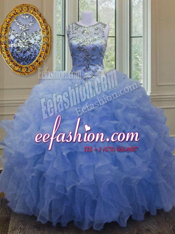  Scoop Sleeveless Quinceanera Gowns Floor Length Beading and Ruffles Blue Organza