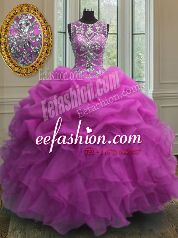 Adorable Fuchsia Ball Gowns Scoop Sleeveless Organza Floor Length Lace Up Beading and Ruffles and Pick Ups 15th Birthday Dress