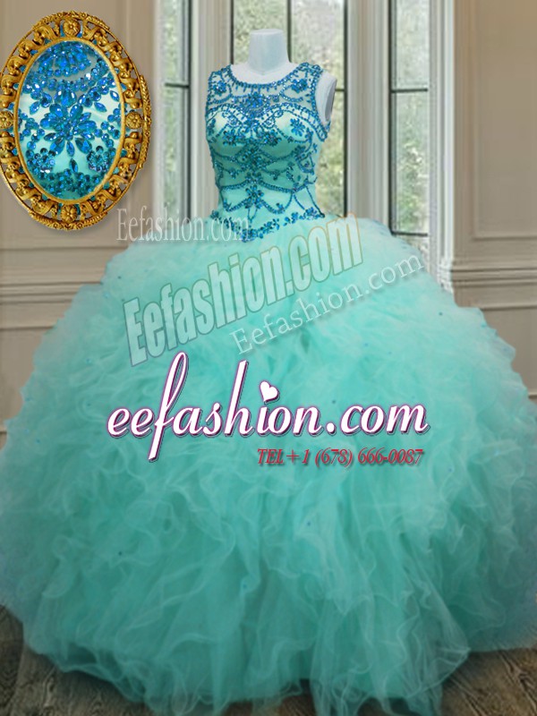  Scoop Floor Length Turquoise 15th Birthday Dress Tulle Sleeveless Beading and Ruffles