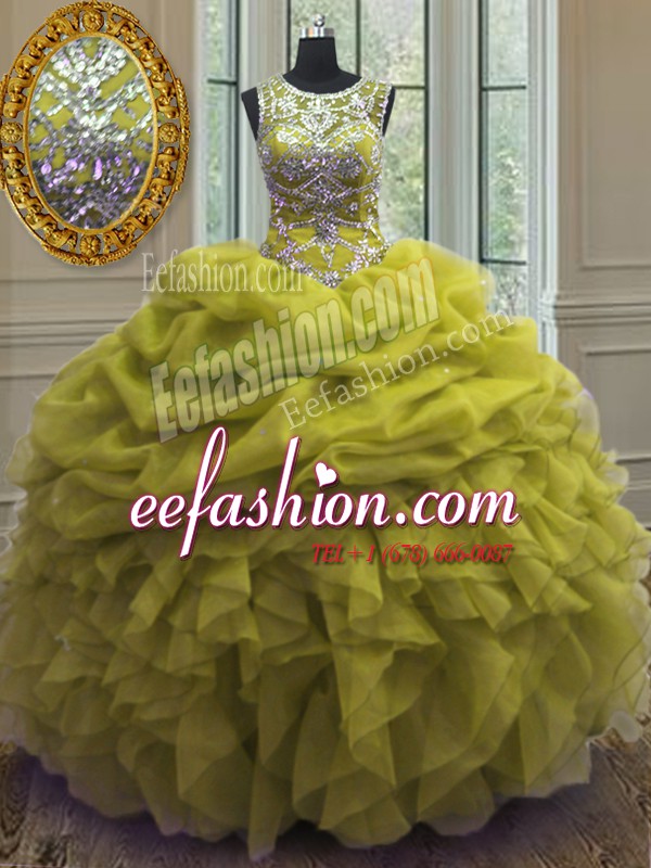 Discount Scoop Yellow Green Lace Up Sweet 16 Dress Beading and Ruffles and Pick Ups Sleeveless Floor Length