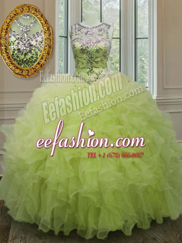 Beautiful Yellow Green Organza Lace Up Scoop Sleeveless Floor Length 15th Birthday Dress Beading and Ruffles