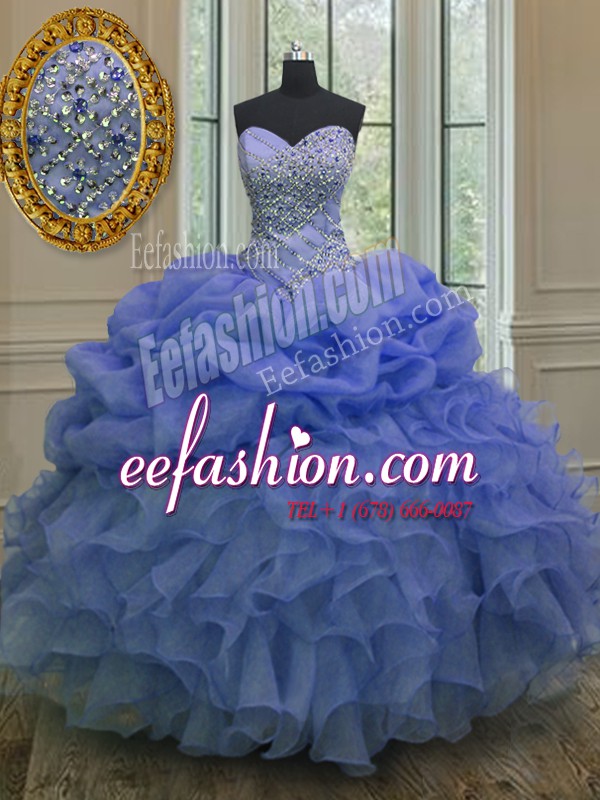 Charming Blue Ball Gowns Beading and Ruffles and Pick Ups Quinceanera Gowns Lace Up Organza Sleeveless Floor Length