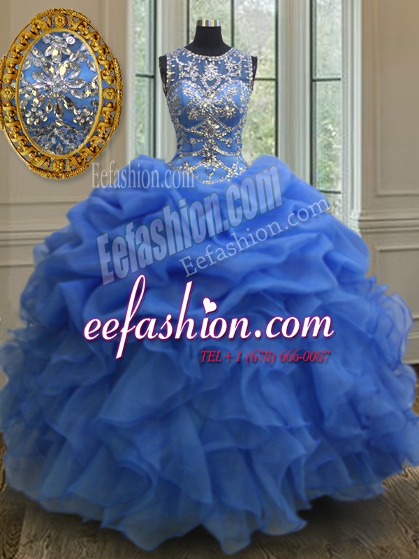 Amazing Blue Lace Up Scoop Beading and Ruffles Sweet 16 Quinceanera Dress Organza Sleeveless