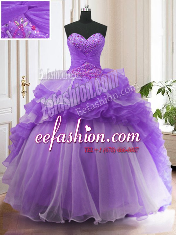  Ruffled With Train Lavender Quinceanera Dress Sweetheart Sleeveless Sweep Train Lace Up