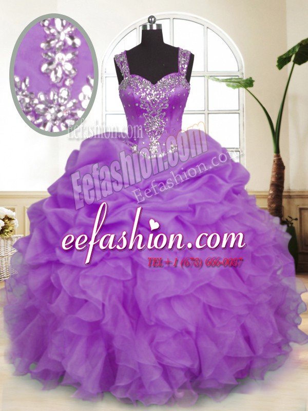 Sexy Straps Sleeveless Organza Quinceanera Gowns Beading and Ruffles and Pick Ups Zipper