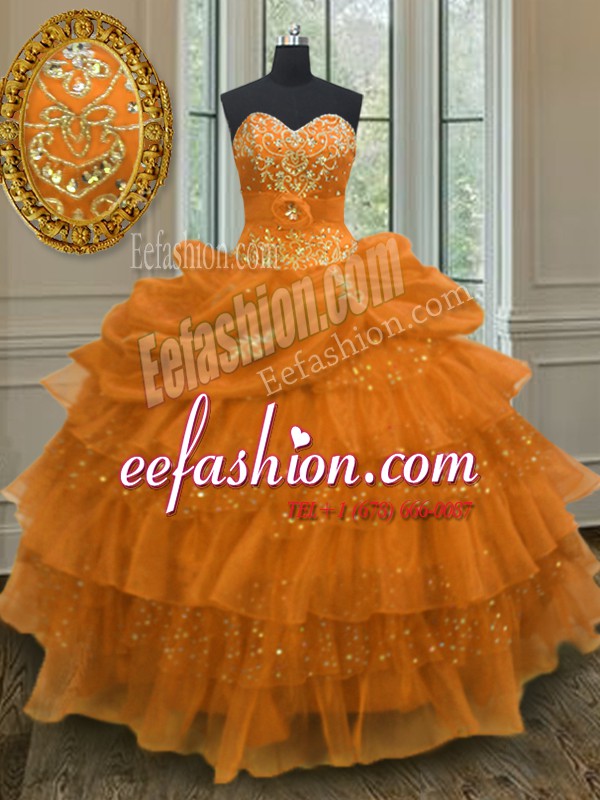 Fashion Orange Sweetheart Neckline Beading and Ruffled Layers and Pick Ups Sweet 16 Dresses Sleeveless Lace Up