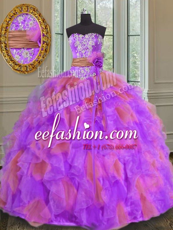 Clearance Multi-color Lace Up Sweetheart Beading and Ruffles and Sashes ribbons and Hand Made Flower Vestidos de Quinceanera Organza Sleeveless