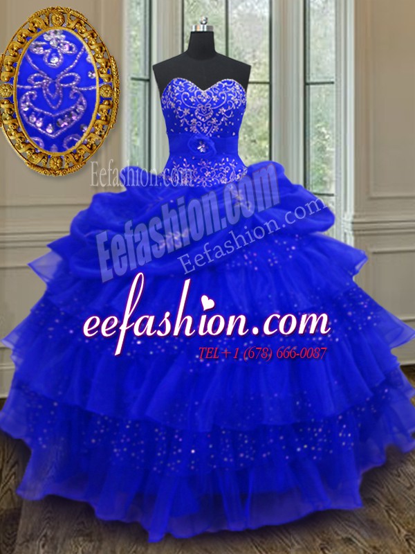  Beading and Ruffled Layers and Pick Ups Ball Gown Prom Dress Royal Blue Lace Up Sleeveless Floor Length