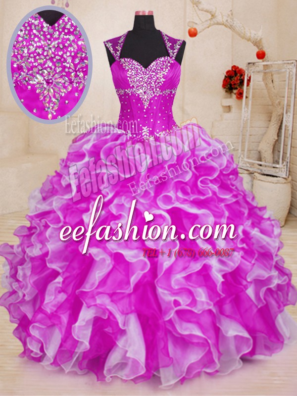 Best Selling Fuchsia Ball Gowns Organza Sweetheart Sleeveless Beading and Ruffles Floor Length Lace Up Quinceanera Gowns