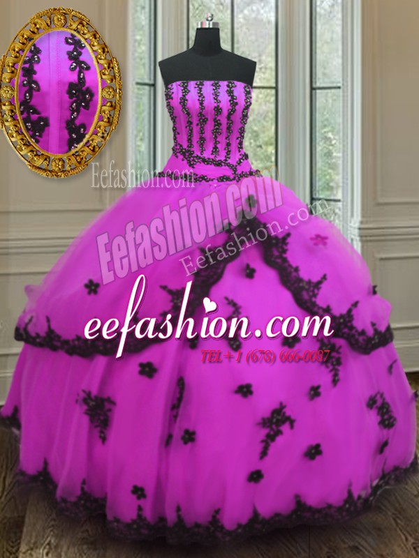 Ideal Fuchsia Strapless Neckline Appliques Sweet 16 Dresses Sleeveless Lace Up