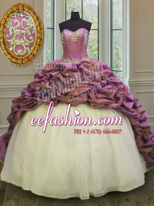 White And Purple Organza and Taffeta Lace Up Sweet 16 Dresses Sleeveless Sweep Train Beading and Appliques and Pick Ups