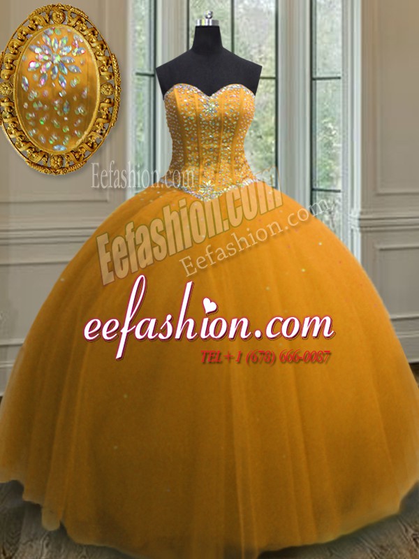 Best Selling Orange Ball Gowns Sweetheart Sleeveless Tulle Floor Length Lace Up Beading and Sequins Quinceanera Dress