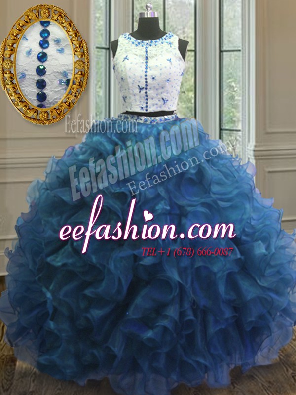  Blue Organza Clasp Handle Scoop Sleeveless Floor Length Quinceanera Dress Beading and Lace and Ruffles
