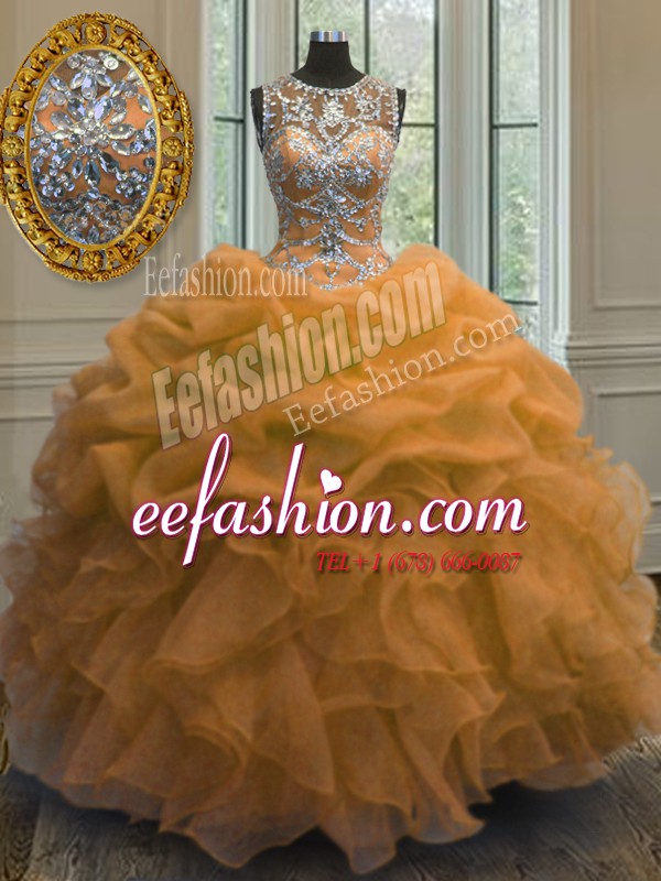 Simple Scoop Organza Sleeveless Floor Length Quinceanera Dress and Beading and Ruffles and Pick Ups