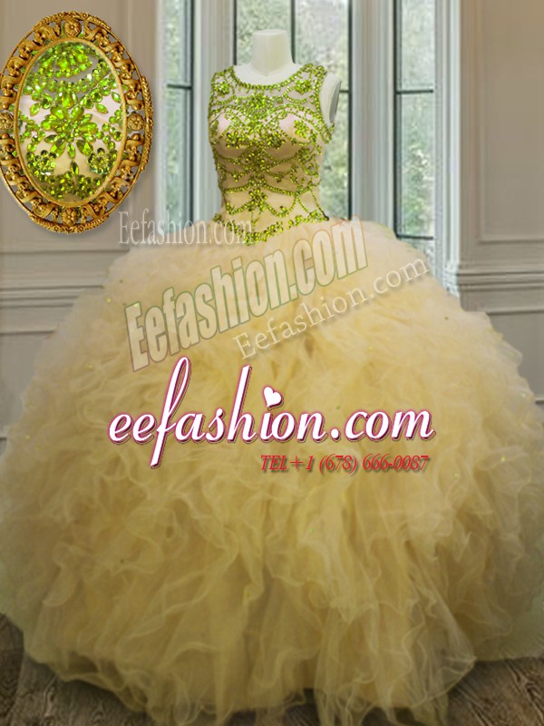 Custom Designed Scoop Sleeveless Lace Up Floor Length Beading and Ruffles Quinceanera Dresses