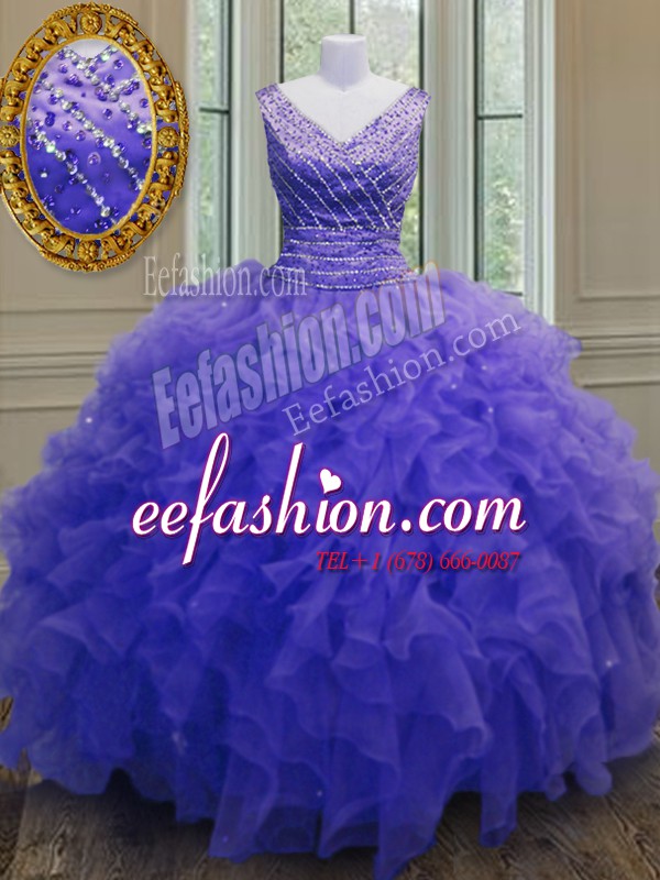 Free and Easy Organza V-neck Sleeveless Zipper Beading and Ruffles 15th Birthday Dress in Purple
