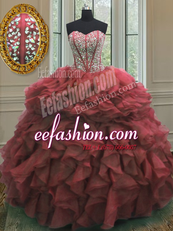 Affordable Floor Length Lace Up 15th Birthday Dress Pink for Military Ball and Sweet 16 and Quinceanera with Beading and Ruffles