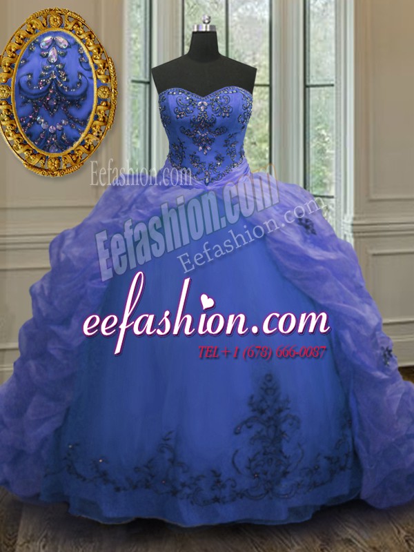 Sexy Pick Ups With Train Ball Gowns Sleeveless Blue 15 Quinceanera Dress Court Train Lace Up