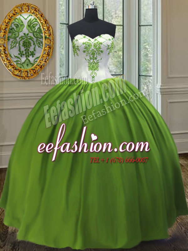 Hot Selling Sweetheart Sleeveless Sweet 16 Dress Floor Length Embroidery Olive Green Taffeta