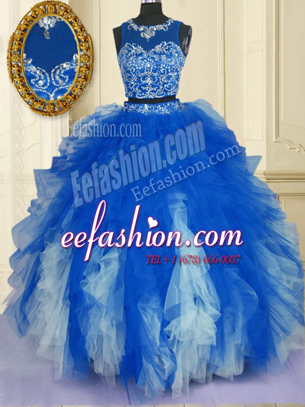  Blue And White Scoop Neckline Beading and Ruffles Ball Gown Prom Dress Sleeveless Zipper