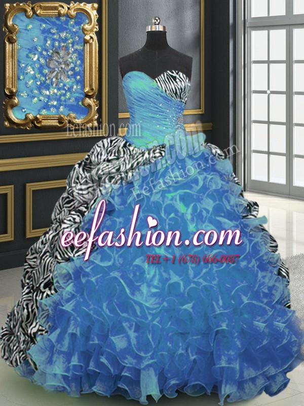 Printed With Train Ball Gowns Sleeveless Baby Blue Quinceanera Gown Brush Train Lace Up