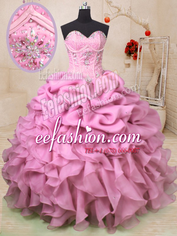 Custom Made Sweetheart Sleeveless Sweet 16 Quinceanera Dress Floor Length Beading and Ruffles and Pick Ups Baby Pink Organza