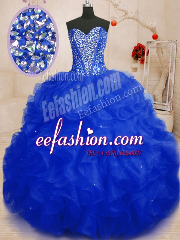 Exquisite Ball Gowns Vestidos de Quinceanera Royal Blue Sweetheart Organza Sleeveless Floor Length Lace Up