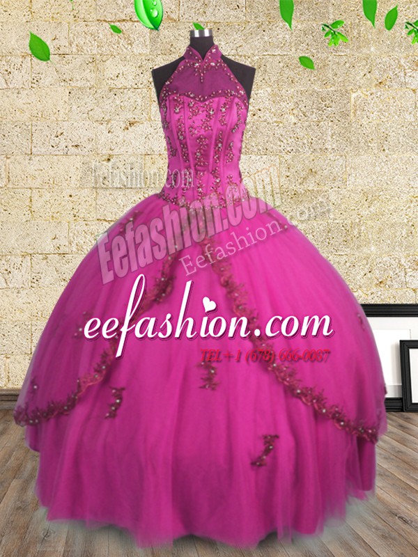  Halter Top Tulle Sleeveless Floor Length Quinceanera Dresses and Beading
