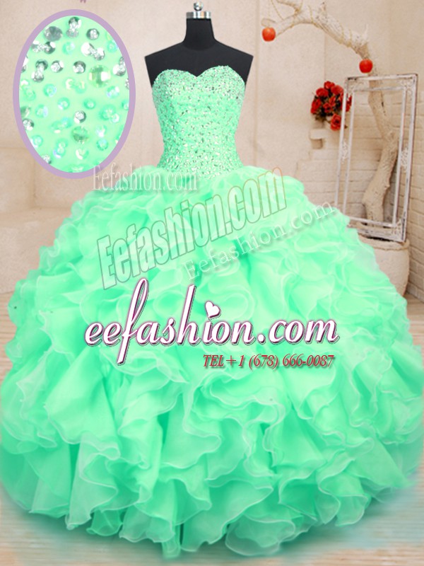 Luxurious Floor Length Lace Up Quince Ball Gowns Apple Green for Military Ball and Sweet 16 and Quinceanera with Beading and Ruffles